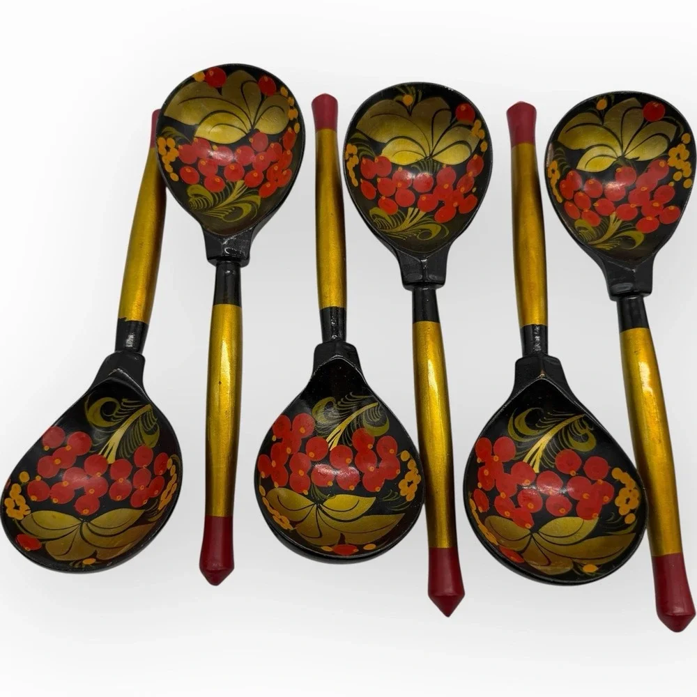 Lot of 11 Vtg Russian‎ Khokhloma Spoons Lacquer Hand Painted Wood  5 Sm 6 Lrg